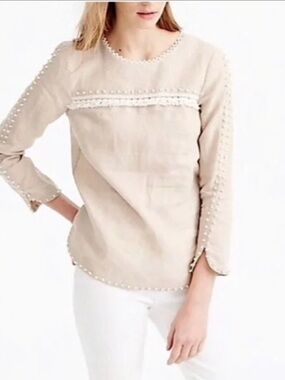 J. Crew Blouse Lightweight Taupe Fringe Trim Long-Sleeve 100% Linen SZ12 Relax